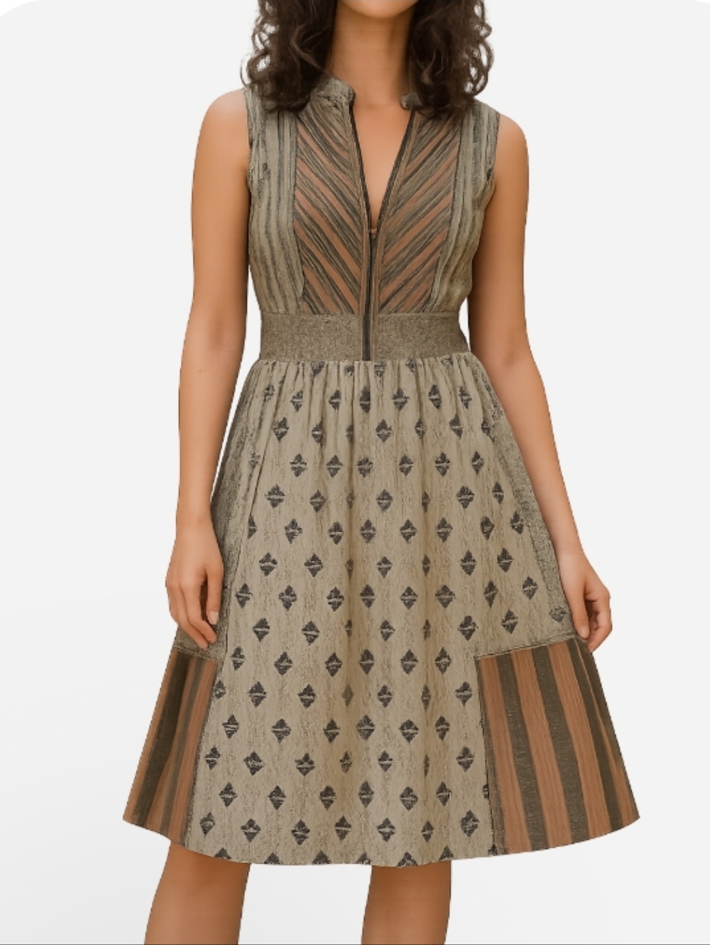 Boho Artisan Market Sleeveless Midi Dress – Patchwork Green Blue Cream Mauve S - Picture 14 of 14